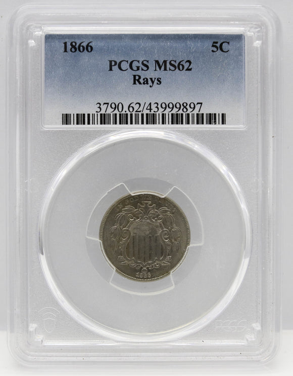 1866 5c Shield Nickel with Rays PCGS MS62