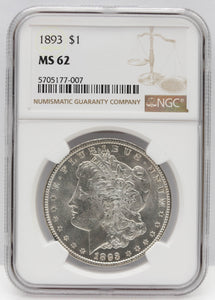 1893 $1 Morgan Silver Dollar NGC MS62